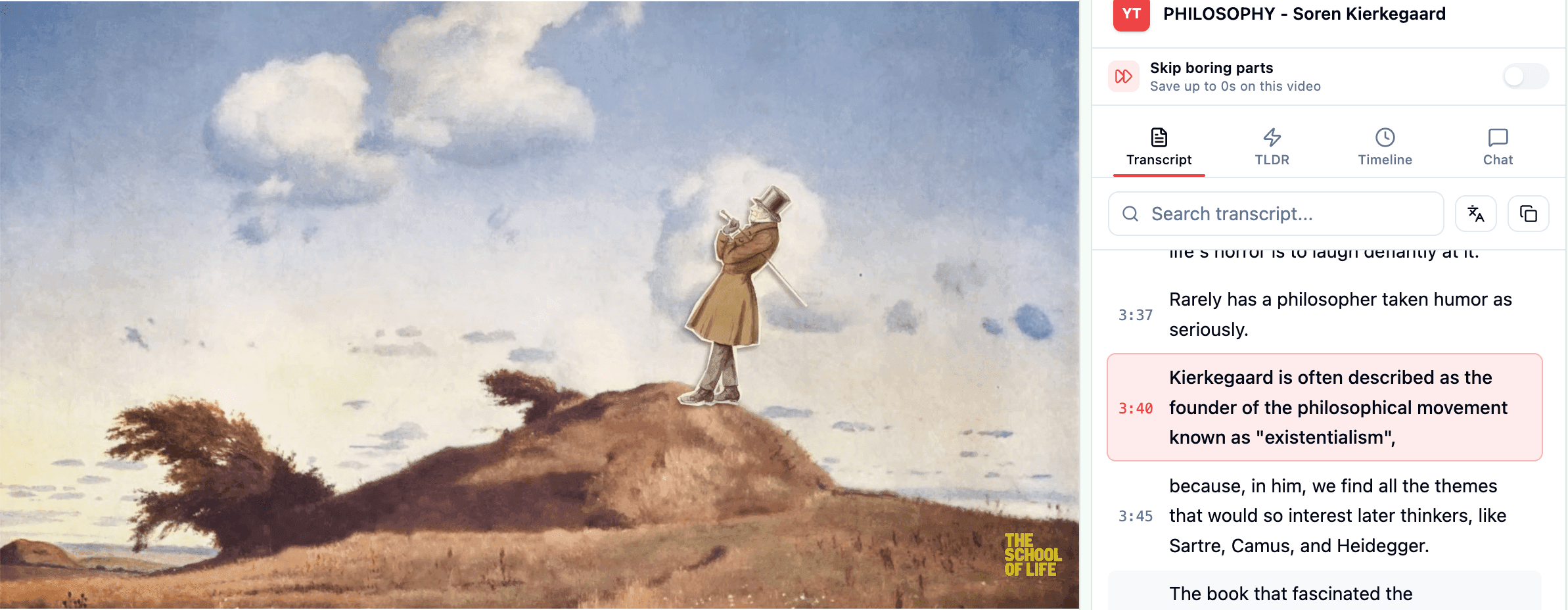 YouTLDR Chrome extension transcript view inside a YouTube page